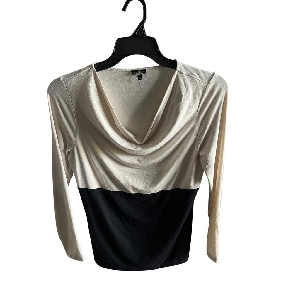 Talbots Cowl Neck Colorblock Top Cream Black Long Sleeve Stretch Blouse Medium